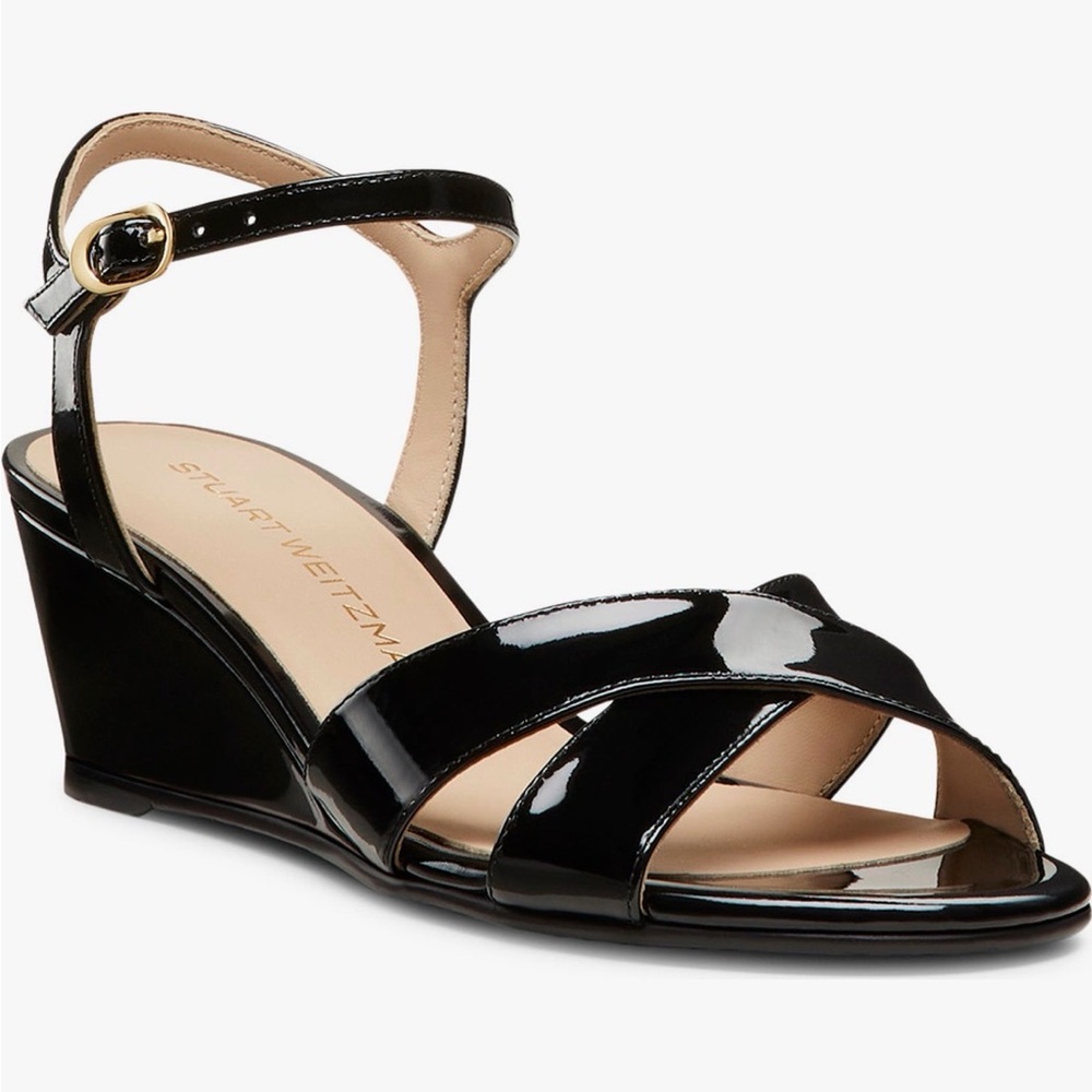 New Stuart Weitzman Black Patent Leather DAYNA DEMI WEDGE Sandals 7.5